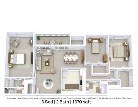 Floor plan for 3 beds, 2 baths, 1370 sqft